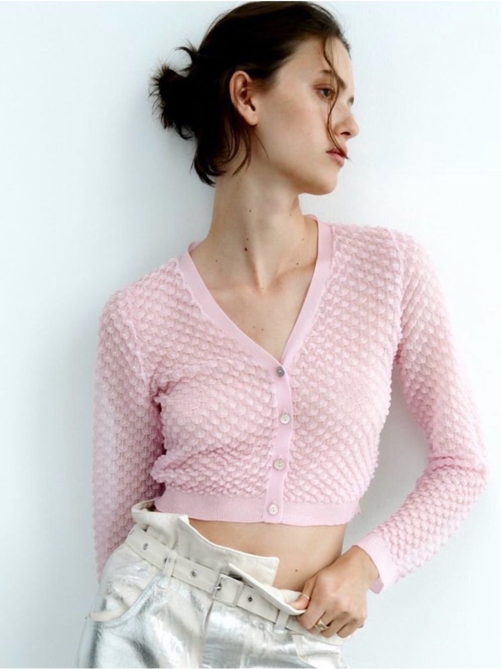 Zara light pink semi-sheer textured knit cropped cardigan